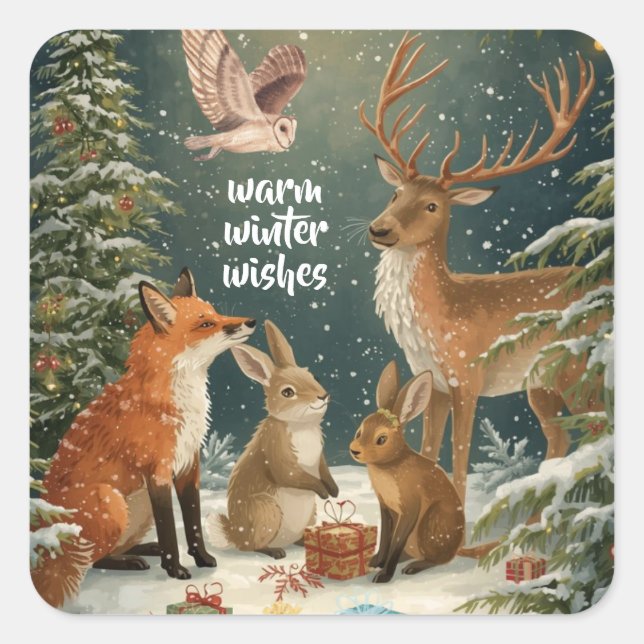 Warm Winter Wishes Holiday Forest Animals Sticker (Front)