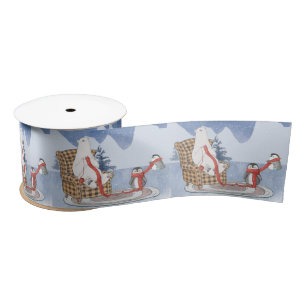 Warm Winter Wishes Polar Bear Knitting Red Scarf   Satin Ribbon