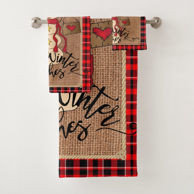 Warm Winter Wishes - Snowman - Red Plaid Bath Towel Set (Insitu)