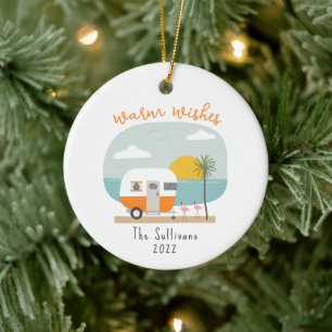 Warm Wishes Beach Orange Camper Flamingo Ceramic Ornament