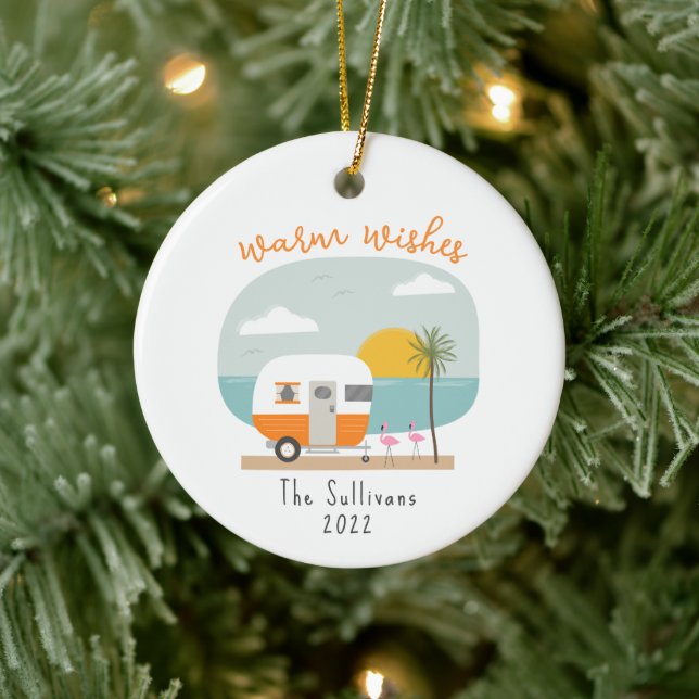Warm Wishes Beach Orange Camper Flamingo Ceramic Ornament (Tree)