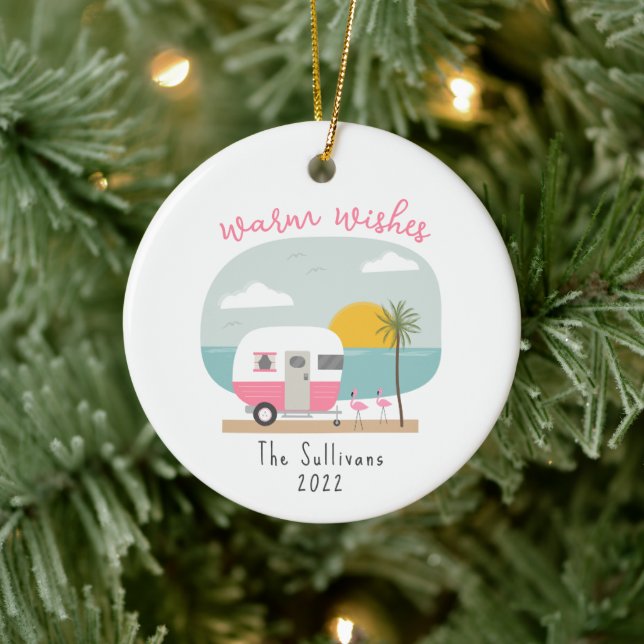 Warm Wishes Beach Pink Camper Flamingo Ceramic Ornament (Tree)