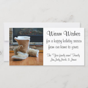 Warm Wishes - Boots by fireplace Holiday Card
