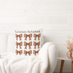 Warm Wishes Brown Bows Coquette Cottagecore Gift Throw Pillow