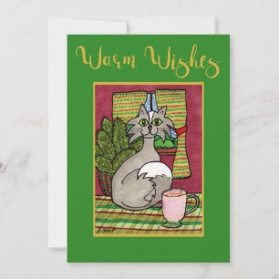 Warm Wishes Cat & Eggnog Personalized Christmas Holiday Card
