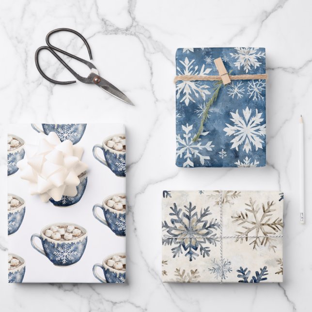 Warm Wishes Cocoa Marshmallow Snowflakes Christmas Wrapping Paper Sheet (Front)