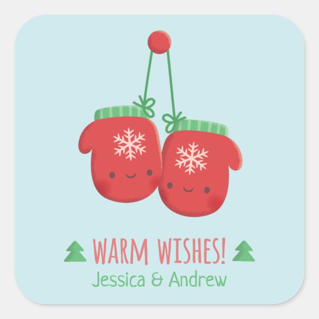 Warm Wishes Cute Mittens Christmas Decor Square Sticker (Front)
