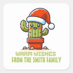 Warm Wishes Cute Santa Christmas Cactus Square Sticker