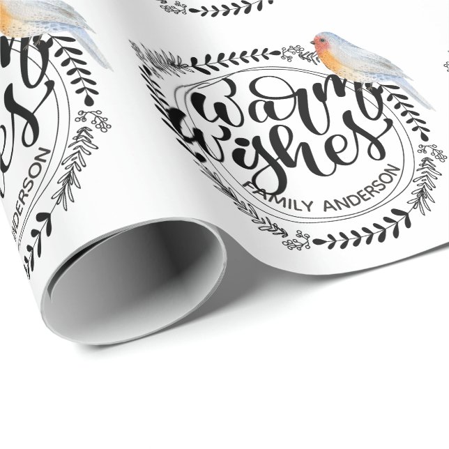 WARM WISHES Festive Winter Robin Personalized Wrapping Paper (Roll Corner)