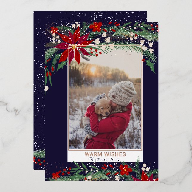 Warm wishes floral wreath snow photo  foil holiday card (Front/Back)