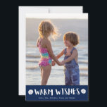 Warm Wishes Florida Beach Family Photo Christmas Holiday Card<br><div class="desc">Christmas holiday cards in a modern beach nautical "warm wishes" navy blue and white sand dollar design. Customize with your photo and names. This beach Christmas holiday card reverses to a navy blue and white nautical stripe design on the back. I can modify this card to a different colour to...</div>
