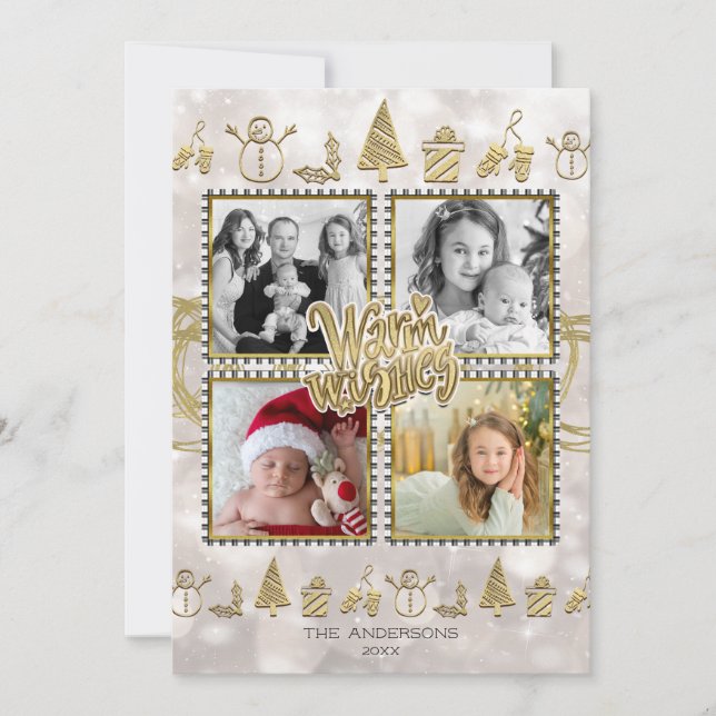 Warm Wishes Gold & White Sparkle Holiday 4 Photo (Front)