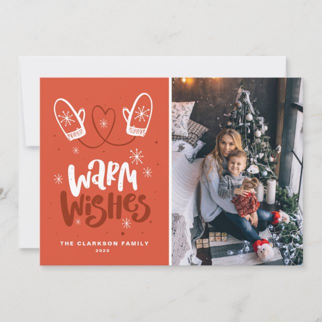 Warm Wishes Lettering | Snowflakes Mittens Photo Holiday Card (Front)