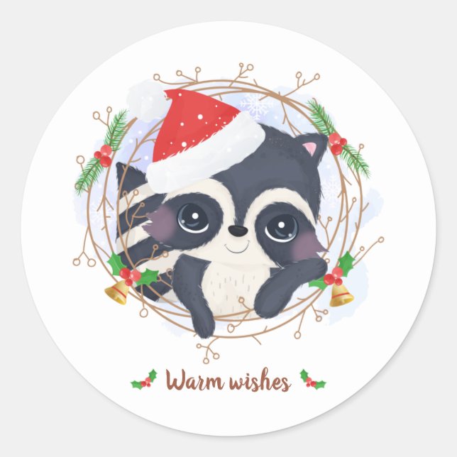Warm wishes lettering with a cute racoon classic round sticker (Front)