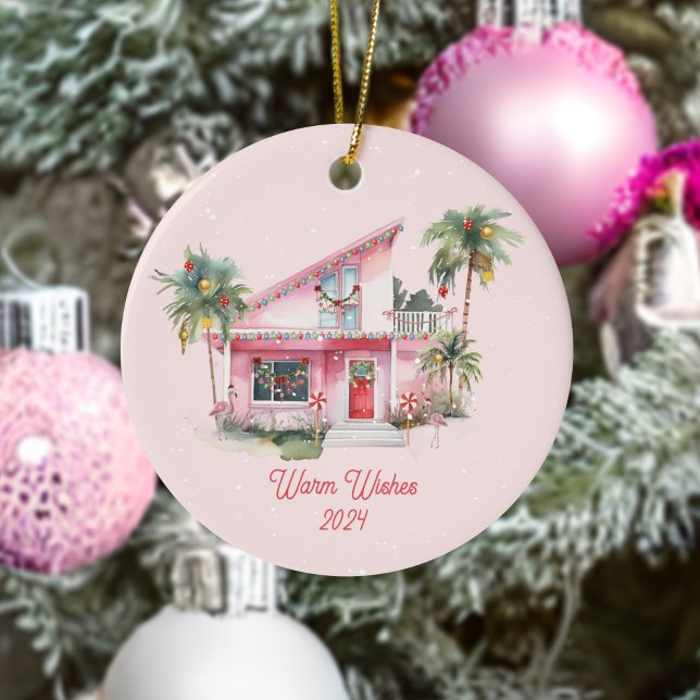 Warm Wishes Midcentury Modern House Pink Christmas Ceramic Ornament (Creator Uploaded)