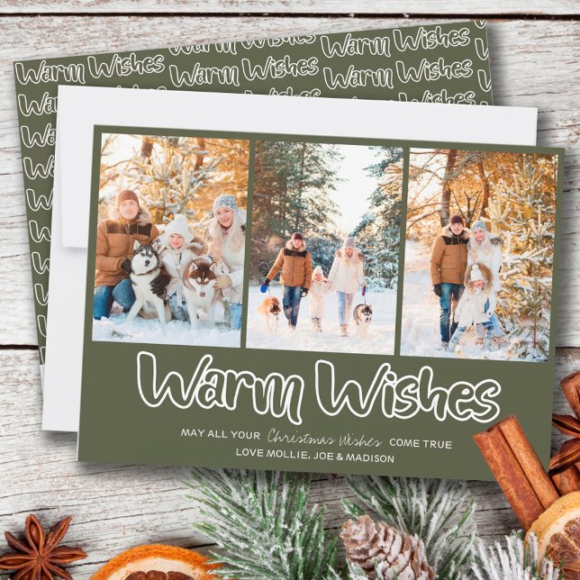 Warm Wishes Outline Lettering 3 Vertical Photo Hol Holiday Card (Creator Uploaded)