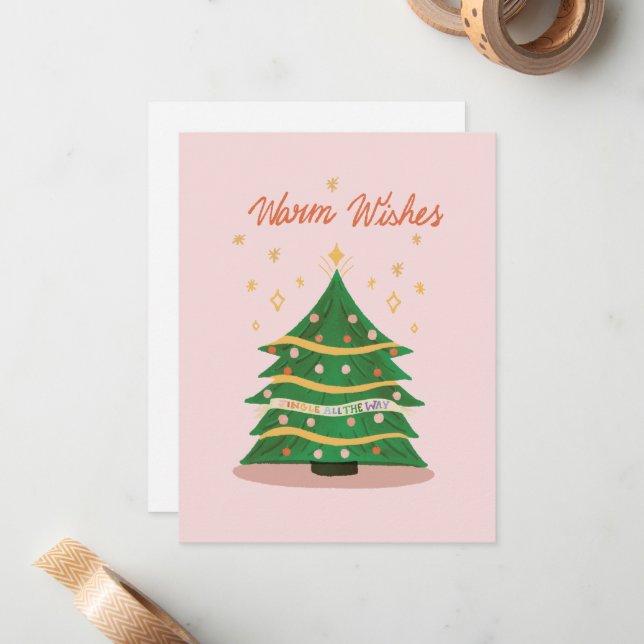 Warm Wishes Pastel Pink Retro Christmas Tree Holid Card (Front/Back In Situ)