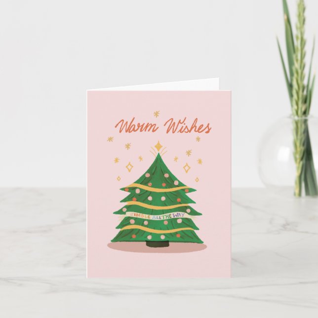 Warm Wishes Pastel Pink Retro Christmas Tree Holiday Card (Front)