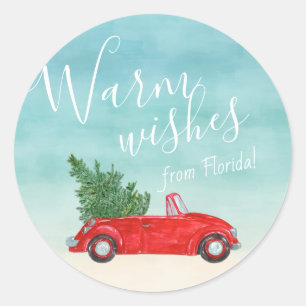 Warm Wishes Retro Vintage Red Car Christmas Tree Classic Round Sticker