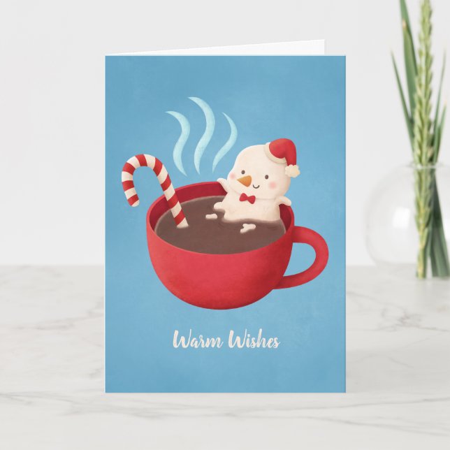 Warm Wishes Snowman in Cocoa Cup Greeting Card (Front)