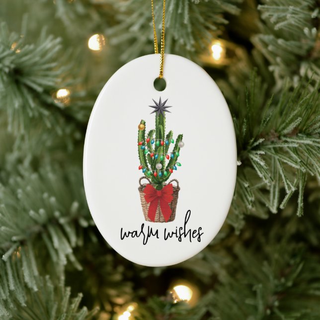 Warm Wishes Watercolor Cactus Houseplant Christmas Ceramic Ornament (Tree)