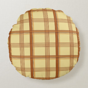 Warm Yellow Brown Plaid Aesthetic Round Pillow