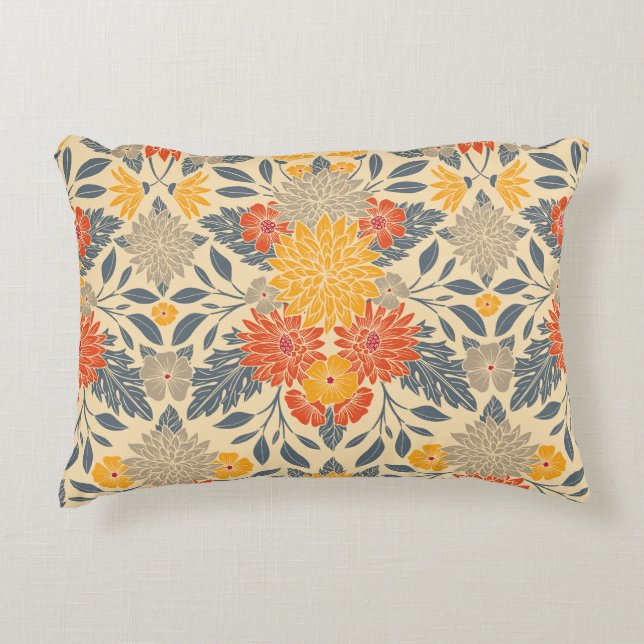 Warm Yellow, Orange & Blue Floral Accent Pillow (Front)