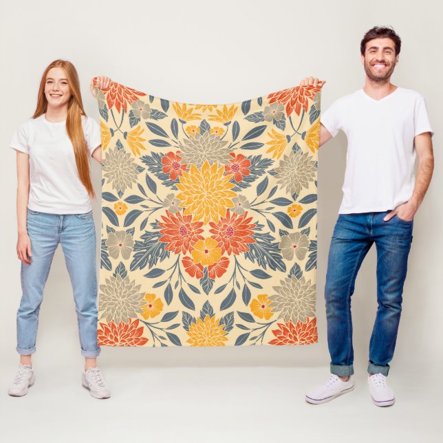 Warm Yellow, Orange & Blue Floral Fleece Blanket (In Situ)
