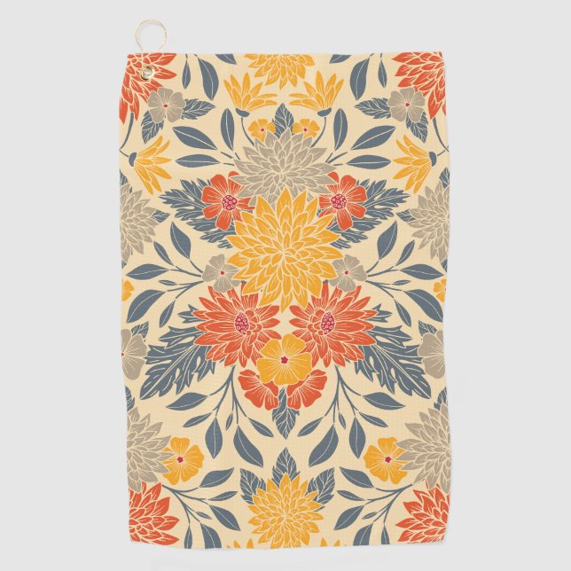 Warm Yellow, Orange & Blue Floral Golf Towel (Front)