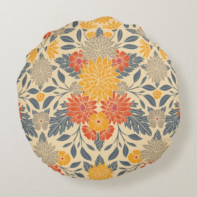 Warm Yellow, Orange & Blue Floral Round Pillow (Back)