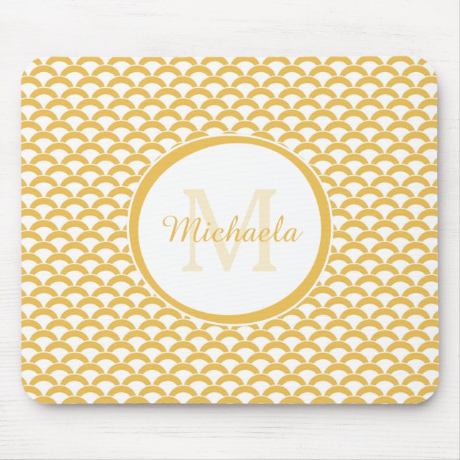 Warm Yellow Scallop Pattern Monogram Name Design Mouse Pad (Front)