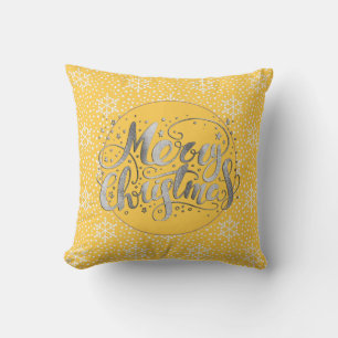 Warm Yellow Silver Merry Christmas White Snowflake Throw Pillow