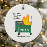 Warmest Christmas Wishes Dumpster Fire Ceramic Ornament<br><div class="desc">Embrace the humour of the holiday season with this quirky ceramic ornament featuring a festive dumpster fire design and the words "Warmest Christmas Wishes." Perfect for capturing the essence of a chaotic year, this ornament is a fun addition to your Christmas tree or a unique gift for friends and family...</div>