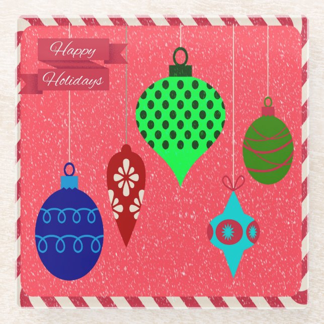 Warmest Holiday Greetings Red Background Snowflake Glass Coaster (Front)