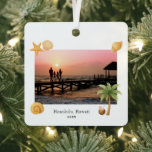 Warmest Wishes Beach Photo Modern Christmas Metal Ornament<br><div class="desc">Modern Christmas ornament featuring a simple and fun design with a starfish,  palm tree,  coconut drink and seashells accenting your favourite beach photo along with optional text on the front and the greeting "Warmest Wishes" and your name on the back.</div>
