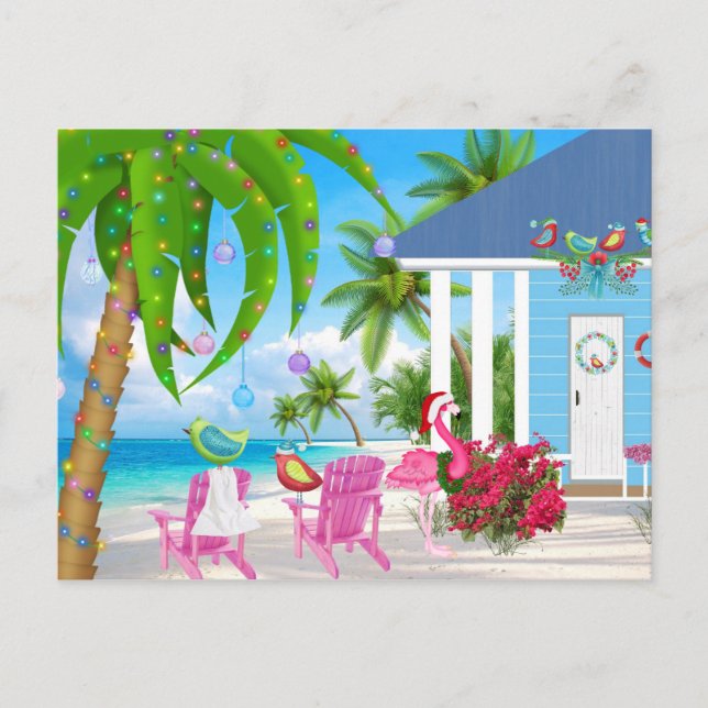 Warmest Wishes Birds and Beach House Christmas Holiday Postcard (Front)