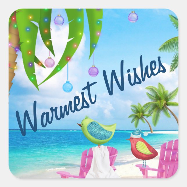 Warmest Wishes Birds and Christmas Palm Tree Beach Square Sticker (Front)
