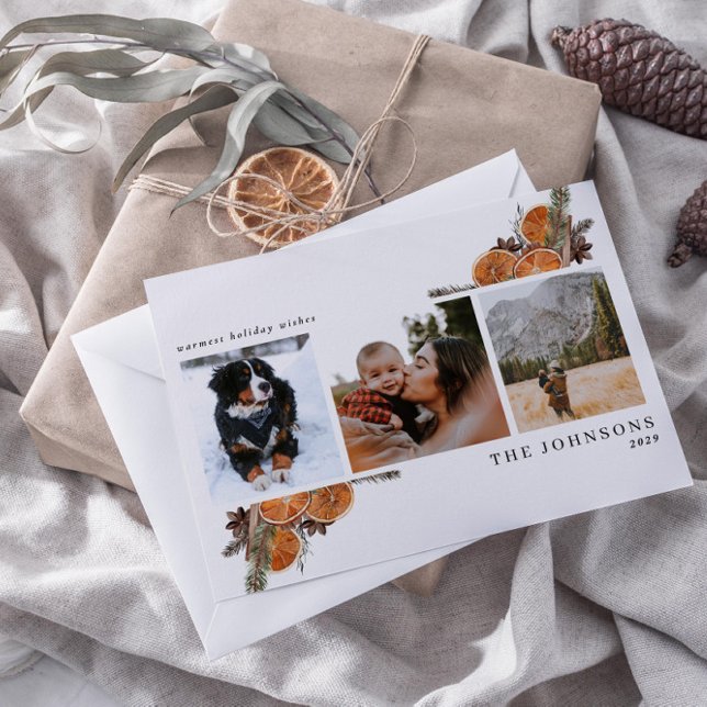 Warmest Wishes Boho Citrus Botanical 3 Photo  Holi Holiday Postcard (Get into the holiday spirit with a heartfelt postcard! 🎅)