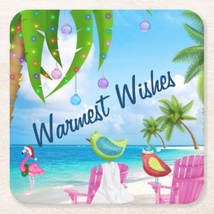 Warmest Wishes Cute Birds Beach Christmas Holiday Square Paper Coaster