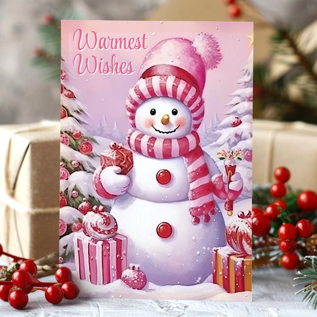 Warmest Wishes Cute Pink Snowman  Holiday Card (Creator Uploaded)