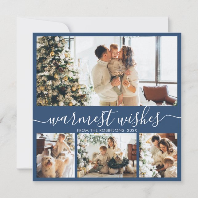 Warmest Wishes Elegant 4 Photo Collage Christmas H Holiday Card (Front)