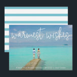 Warmest Wishes Elegant Beach Photo Christmas Holiday Card<br><div class="desc">Send out holiday cheer with this nautical themed flat Christmas card featuring a simple design with the words "warmest wishes" in an elegant thin white script,  along with your message over your favourite horizontal beach vacation photo.  The backside has aqua and white stripes.</div>