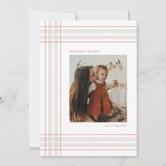 Warmest Wishes Modern Holiday Plaid Photo Card (Front)