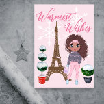 Warmest Wishes Paris Eiffel Tower Pink Christmas Holiday Card<br><div class="desc">This beautiful Paris holiday card features the Eiffel Tower with a totally chic girl wearing a scarf that reads "It's Winter Baby" next to some snow covered topiaries. White snowflakes are falling in the background that has monochromatic elements with "Warmest Wishes" text. Easily personalize the inside of this card with...</div>