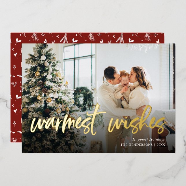 Warmest Wishes Script Photo Foil Holiday Card (Front/Back)