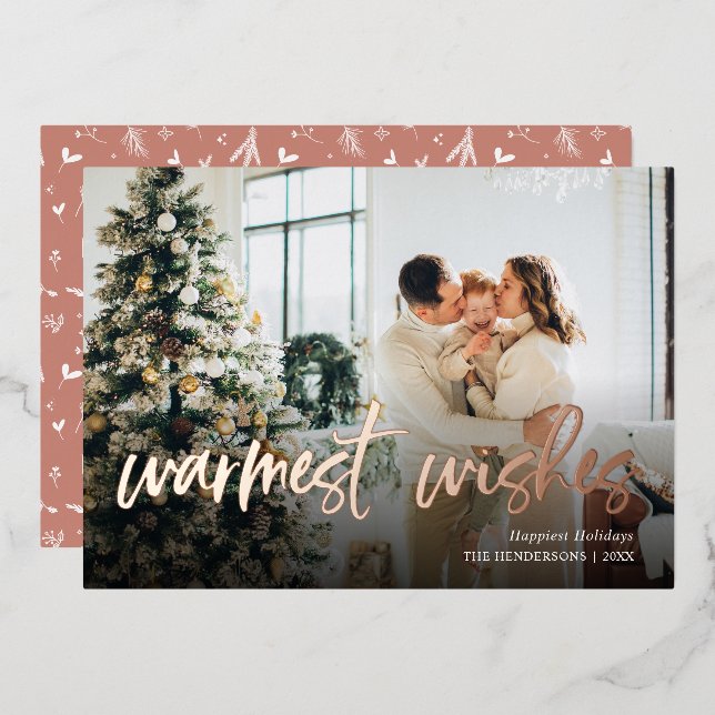 Warmest Wishes Script Photo Foil Holiday Card (Front/Back)