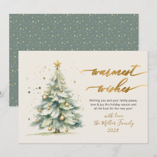 Warmest Wishes Script Watercolor Christmas Tree Holiday Card