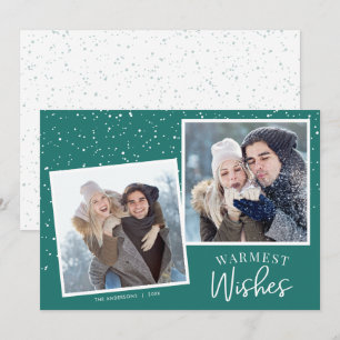Warmest Wishes Snow Dark Teal 2 Photos Christmas Holiday Card