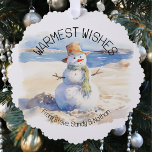 Warmest Wishes Snowman Beach Sand  Ornament Card<br><div class="desc">This design may be personalized in the area provided by changing the photo and/or text. Or it can be customized by clicking Personalize this Template and then choosing the click to customize further option and delete or change the colour of the background, add text, change the text colour or style,...</div>