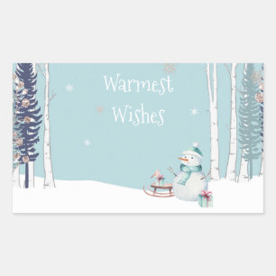 Warmest Wishes Snowman with Sled Snowing Teal Sticker